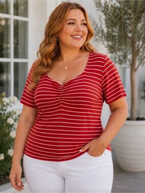 Torrid Foxy Ruched Sweetheart Neckline Top Red & White Stripes
